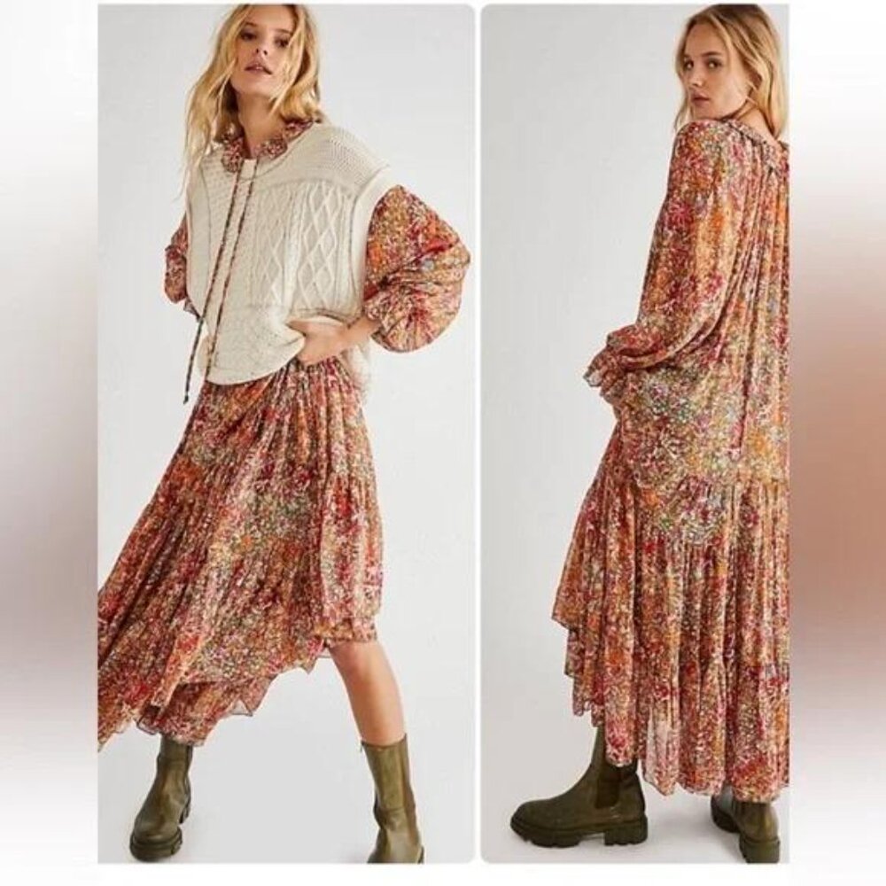 Free People Feeling Groovy Multicolor Floral Long Sleeve Maxi Dress M
